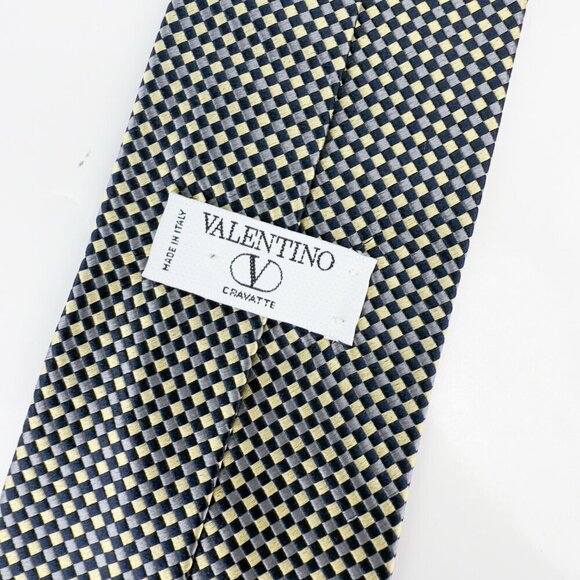 VALENTINO 100% Silk Made in Italy Checked Geometric Gold Gray & Black Tie 54" - Picture 3 of 5